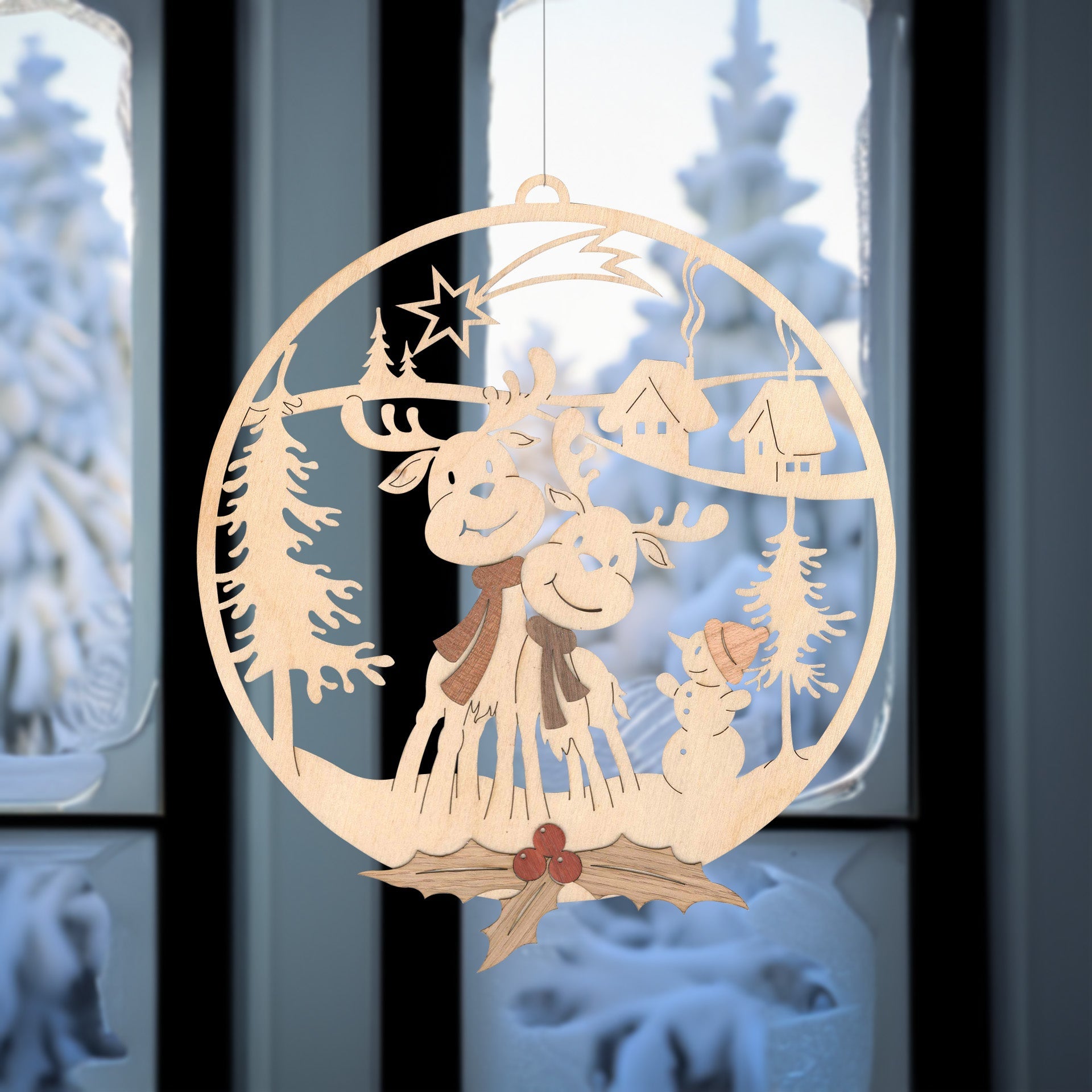 Fensterbild 'Elch mit Schneemann' - WeihnachtsladenDrechslerei Kuhnert