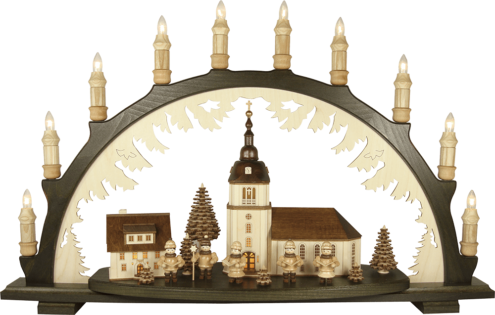 Gemütlicher Holz - Schwibbogen mit Dorfkirche - WeihnachtsladenLenk & Sohn