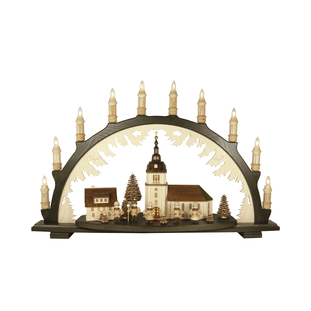 Gemütlicher Holz - Schwibbogen mit Dorfkirche - WeihnachtsladenLenk & Sohn