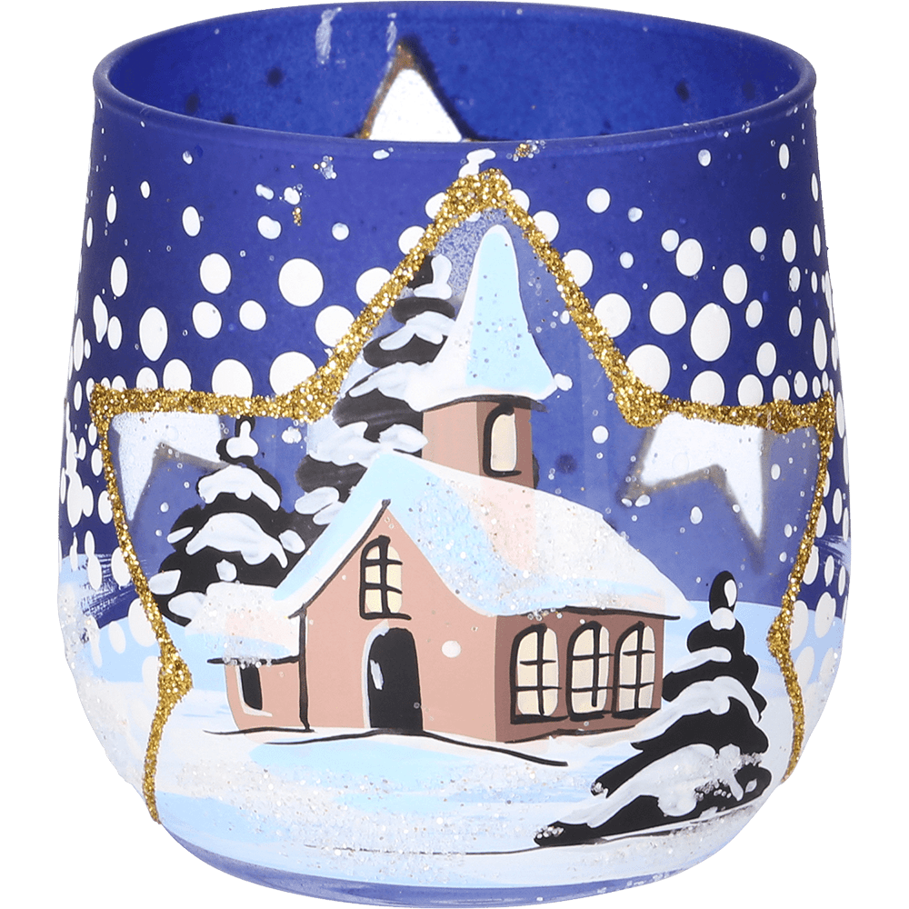 Glaswindlicht 'Winterkirche' blau - WeihnachtsladenHeinz HANDELSKONTOR