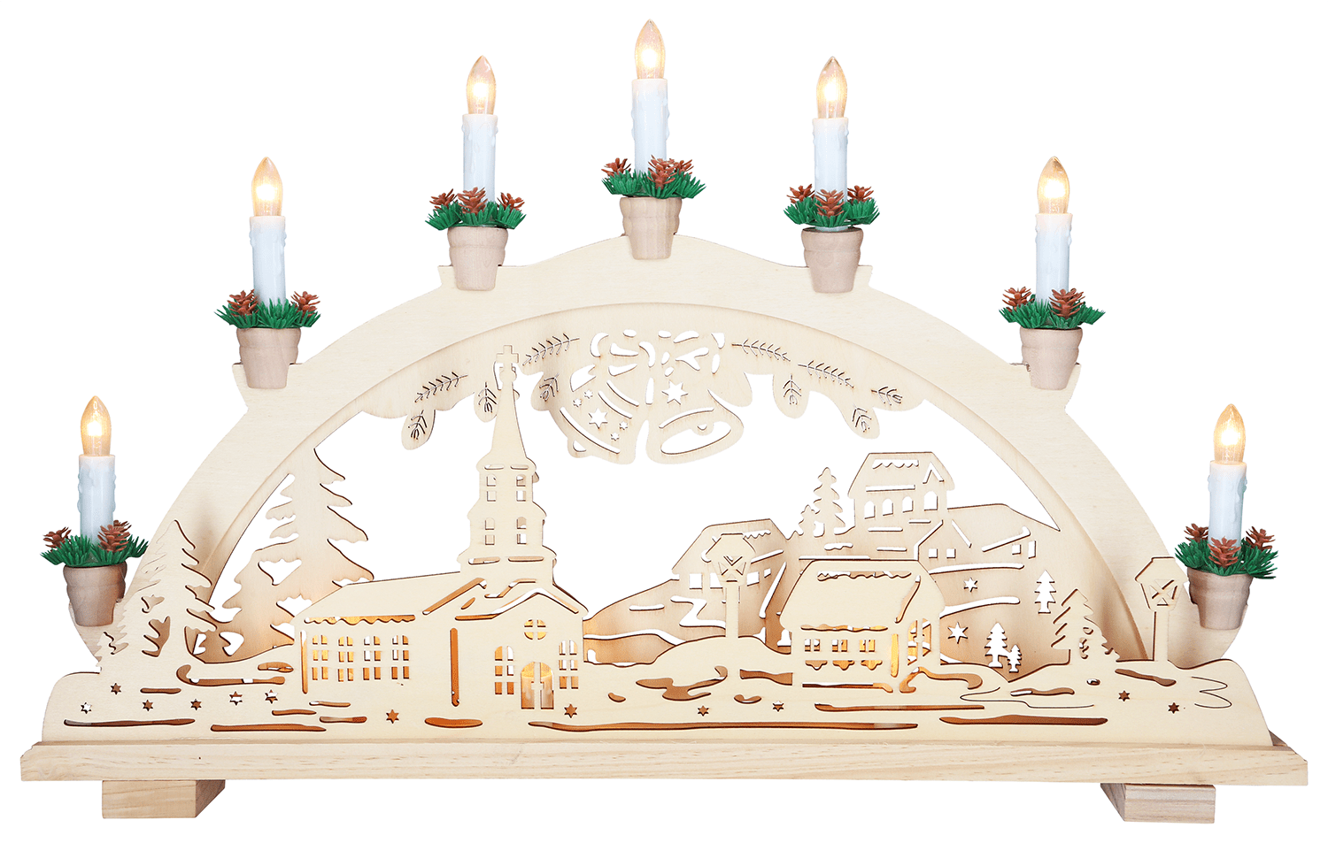 Holz - Schwibbogen 'Dorf mit Glocken' - WeihnachtsladenHeinz HANDELSKONTOR