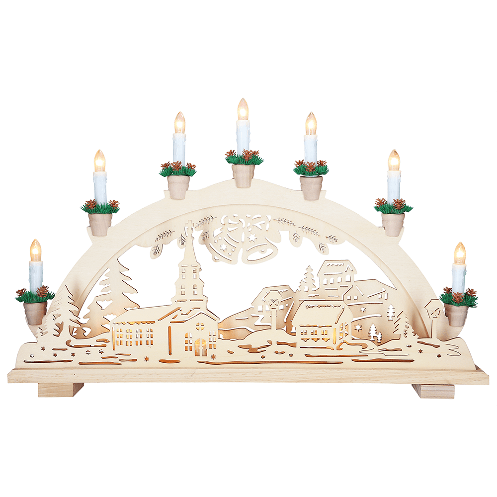 Holz - Schwibbogen 'Dorf mit Glocken' - WeihnachtsladenHeinz HANDELSKONTOR