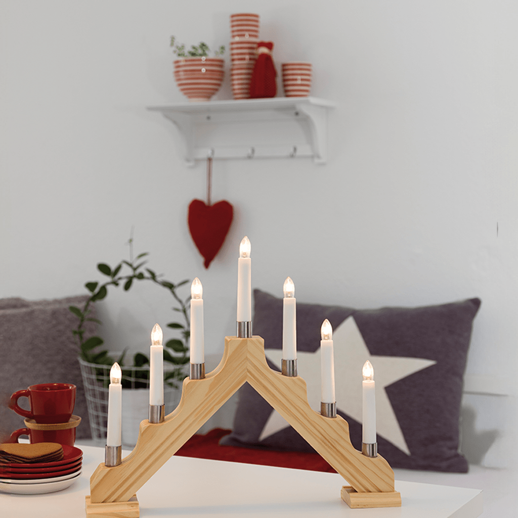 Holzleuchter mit Metalldekorringen und 7 Topkerzen - WeihnachtsladenKonstsmide