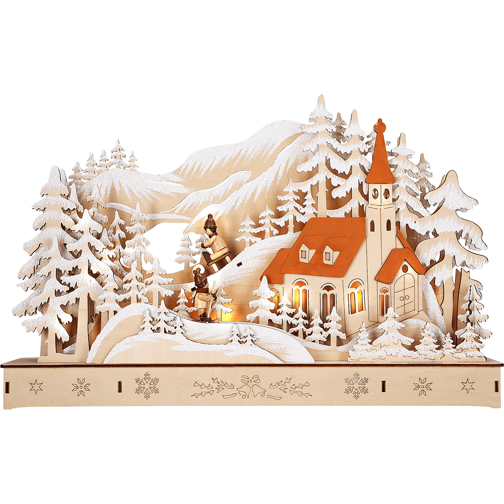 LED - Holz - Sockelleuchter "Kirche mit Schlittenbahn" - WeihnachtsladenRiffelmacher & Weinberger