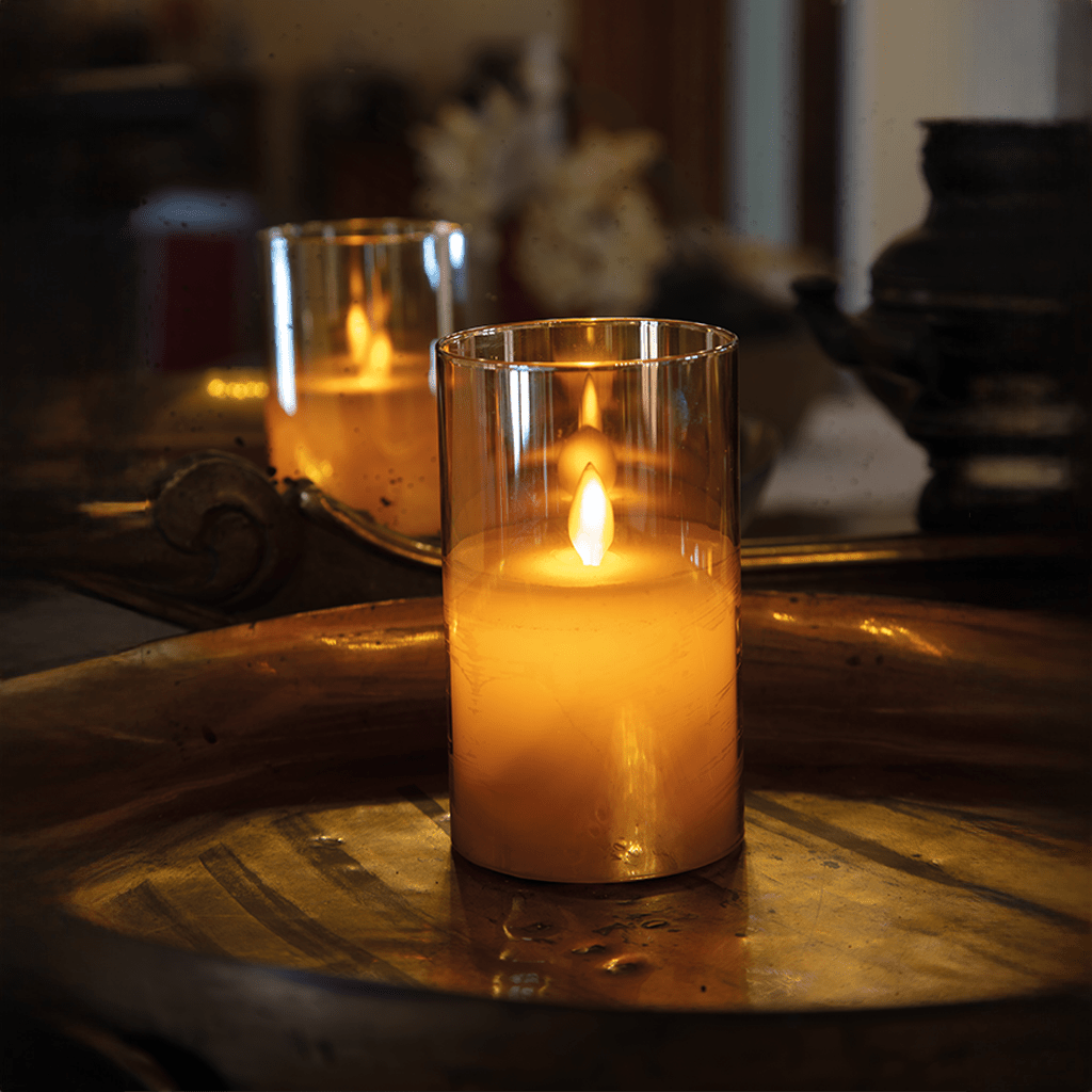 LED Kerze mit bernsteinfarbener Glasverzierung 12,5cm - WeihnachtsladenLotti