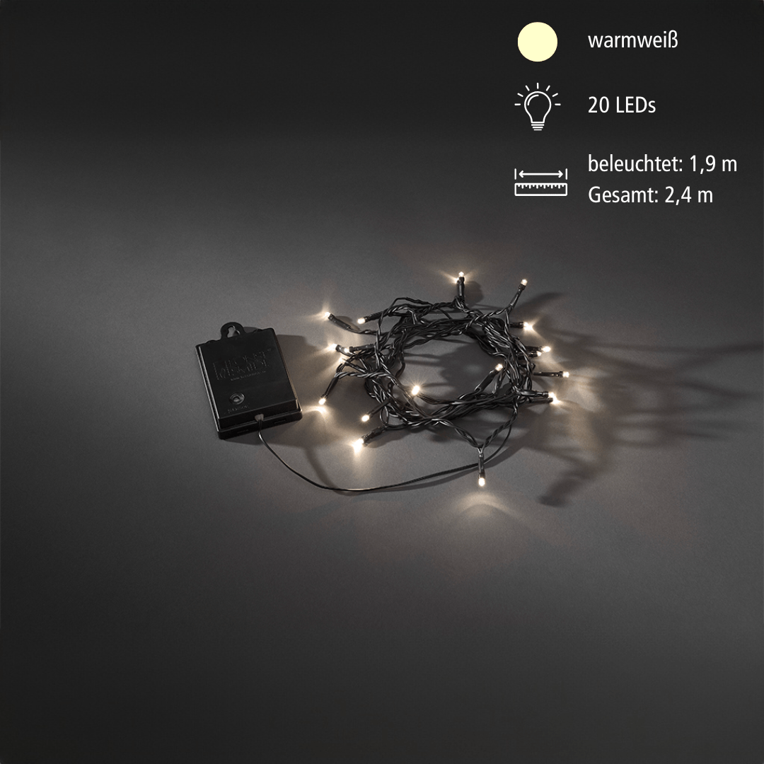 LED Lichterkette schwarz 20 ww LED Timer, batteriebetrieben - WeihnachtsladenKonstsmide