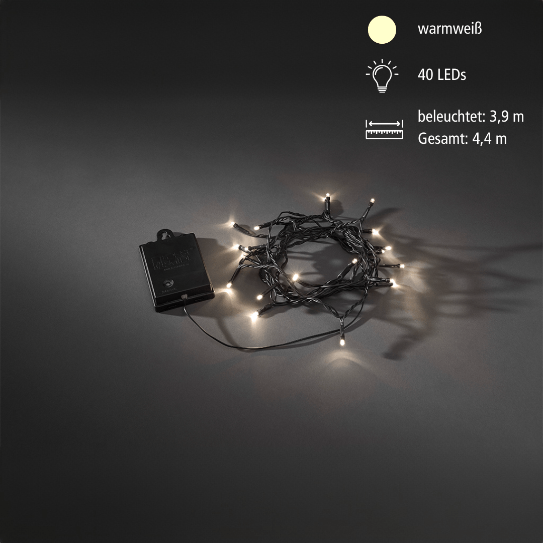 LED Lichterkette schwarz 40 ww LED Timer, 8 Funktionen, batteriebetrieben - WeihnachtsladenKonstsmide