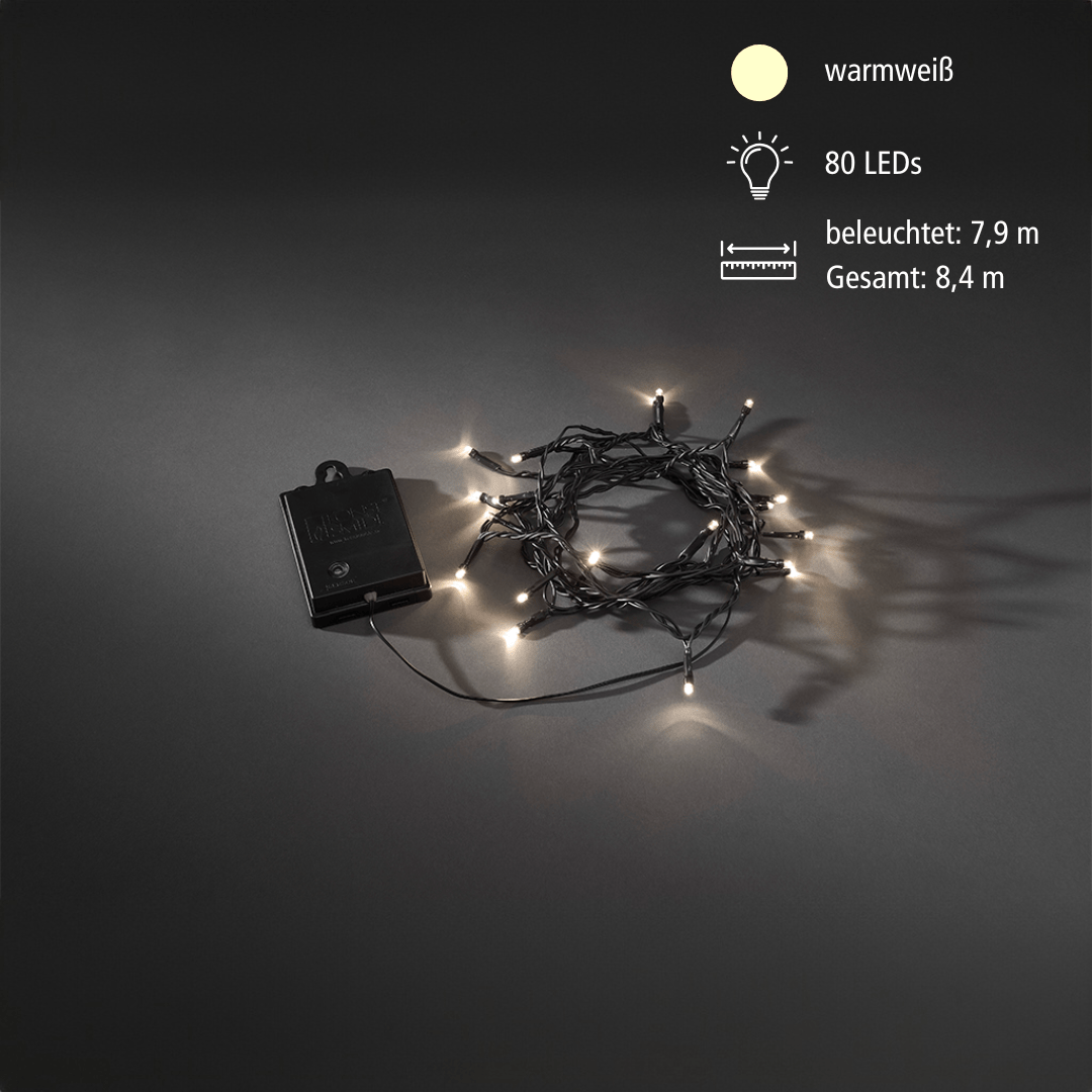 LED Lichterkett.schw. 80 ww LED Timer, batteriebetrieben - WeihnachtsladenKonstsmide