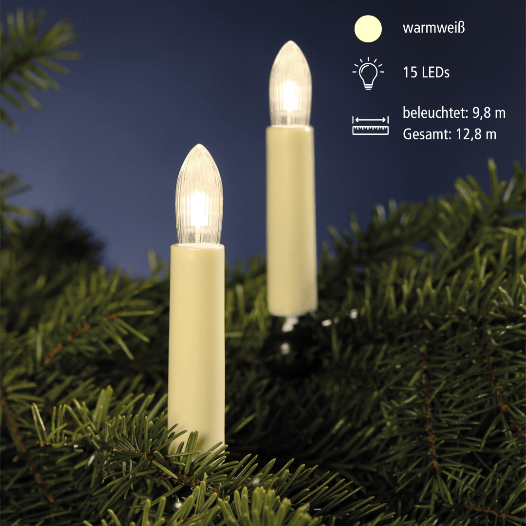 LED Riffelkerzenkette 15flg. | warmweiß beleuchtet | Elfenbeinfarbe - Weihnachtsladenhellum