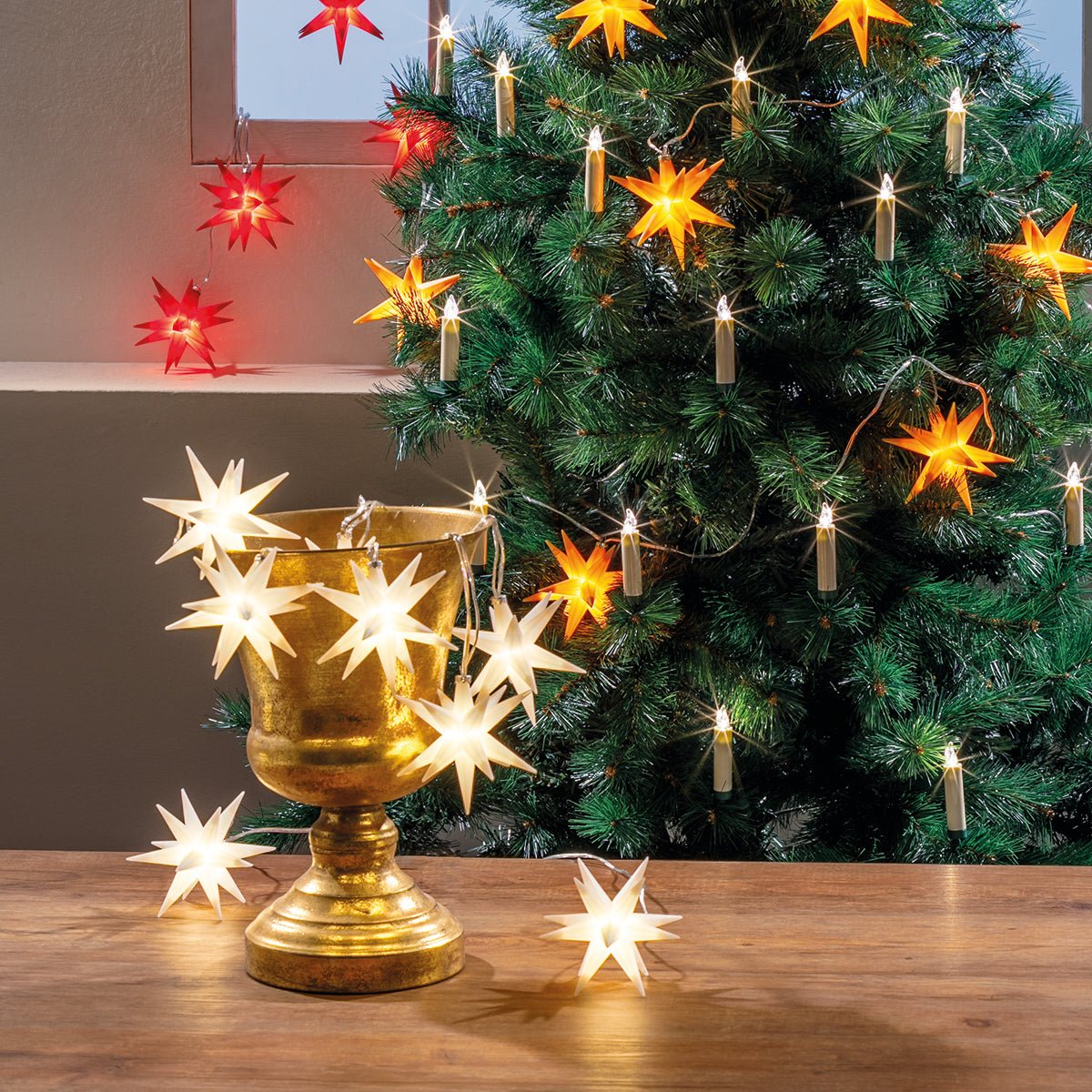 LED - Sternenlichterkette Weiß | 10 teilig | warmweiß beleuchtet - WeihnachtsladenSAICO
