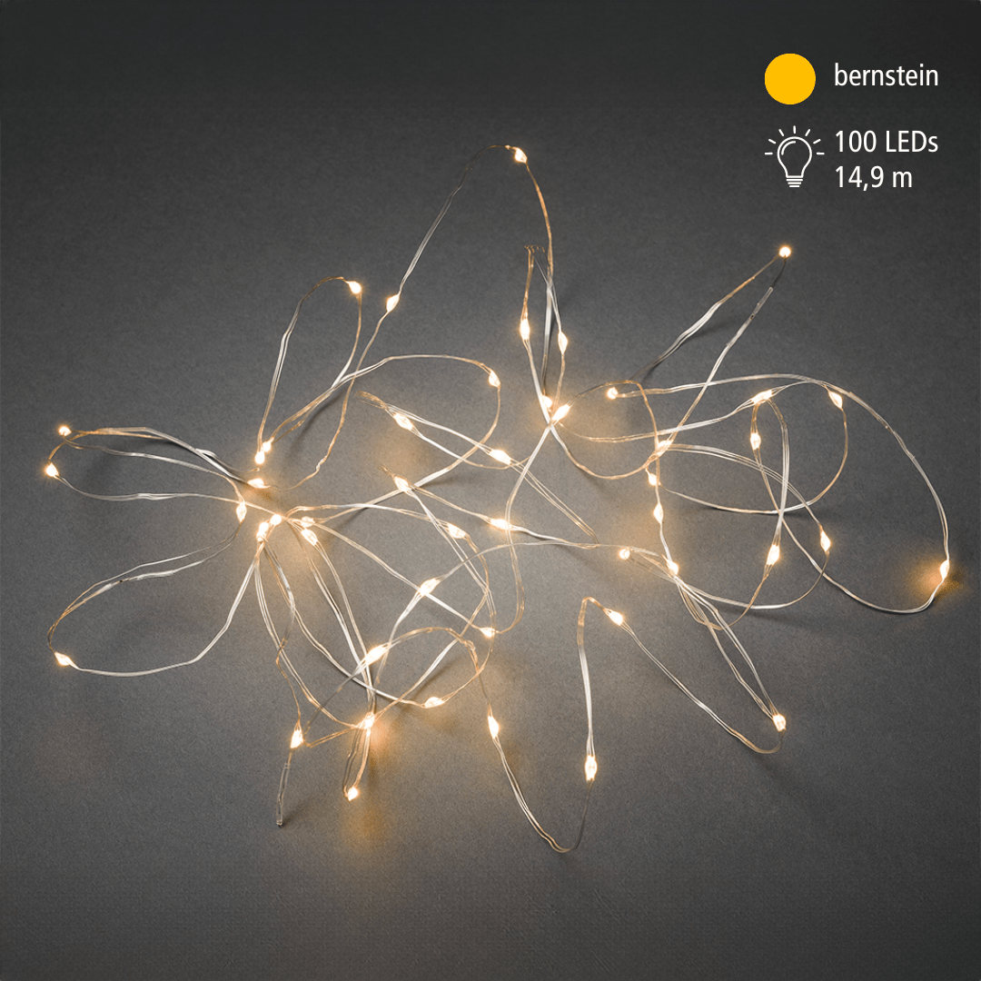 LED Tropfenlichterkette 100 LED bernstein silberfarbener Draht - WeihnachtsladenKonstsmide