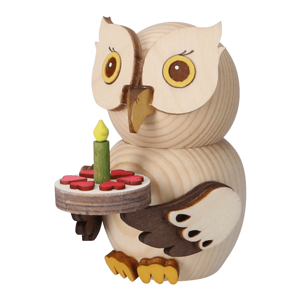 Mini - Eule mit Torte aus Holz - WeihnachtsladenDrechslerei Kuhnert