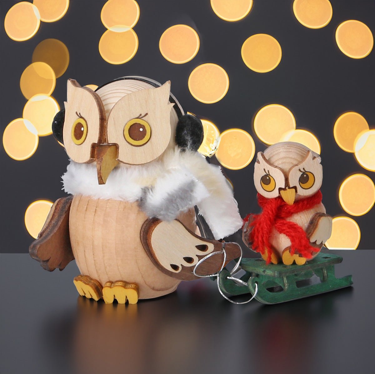 Mini Eule Schlittenfahrt mit Kind - WeihnachtsladenDrechslerei Kuhnert