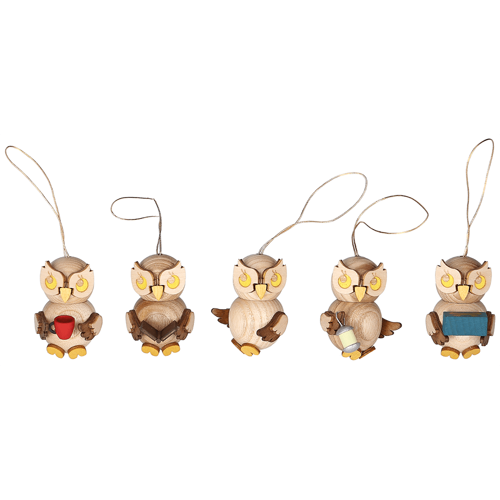 Mini - Eulen - Kinder Hängedeko aus Holz, 5er - Set - WeihnachtsladenDrechslerei Kuhnert