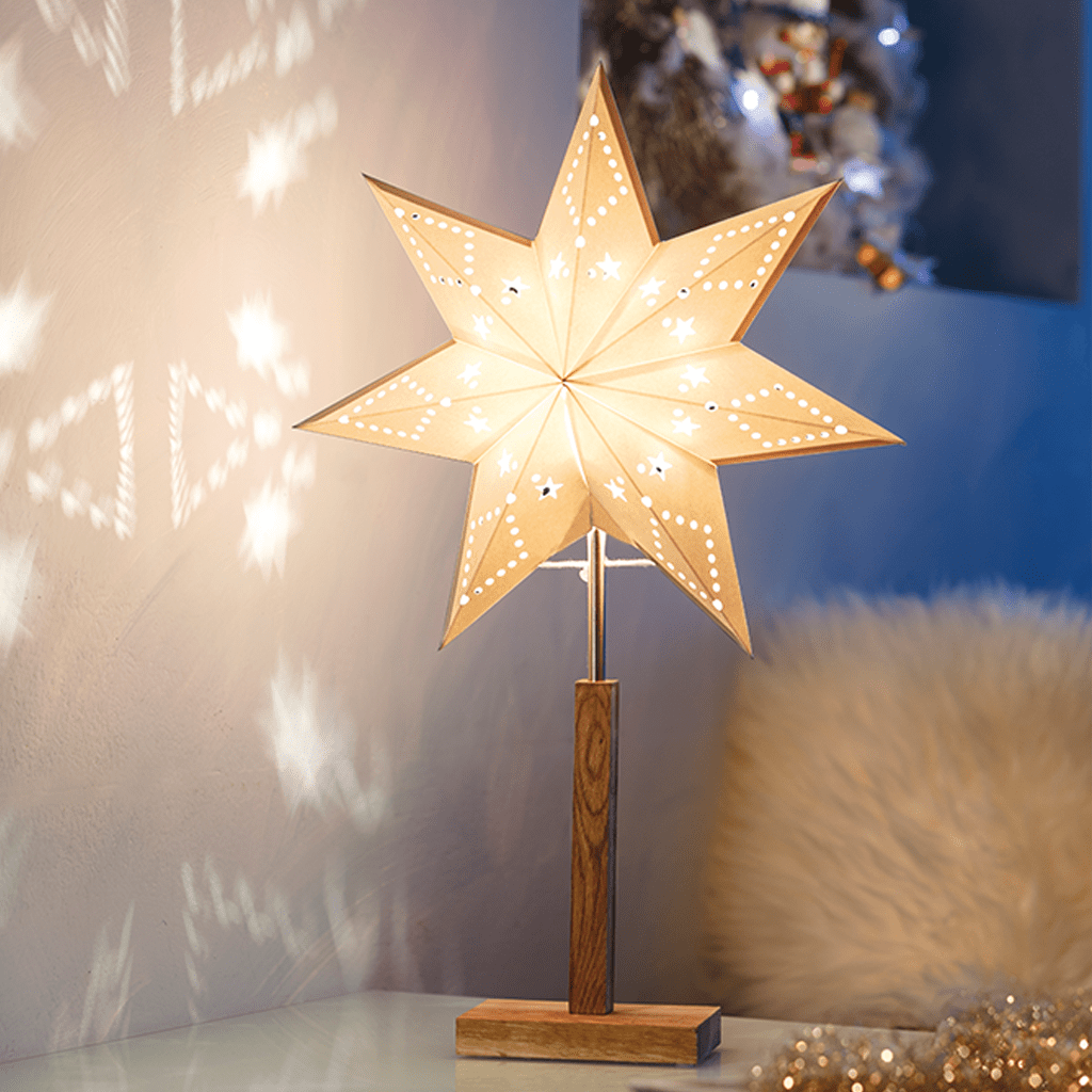 Papier - Leuchter Stern mit Standfuß aus Holz in hellem beige - WeihnachtsladenStar Trading