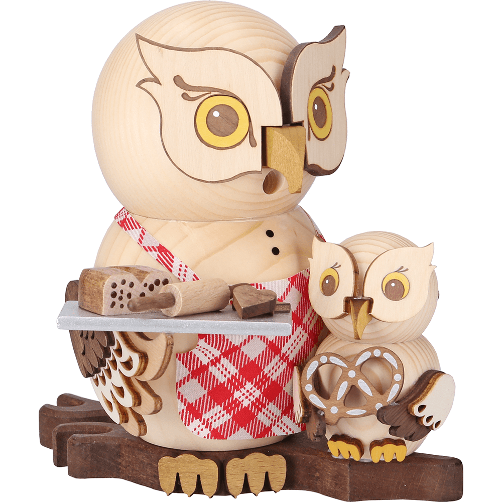 Räucherfigur Eule als Bäcker mit Jungeule - WeihnachtsladenDrechslerei Kuhnert