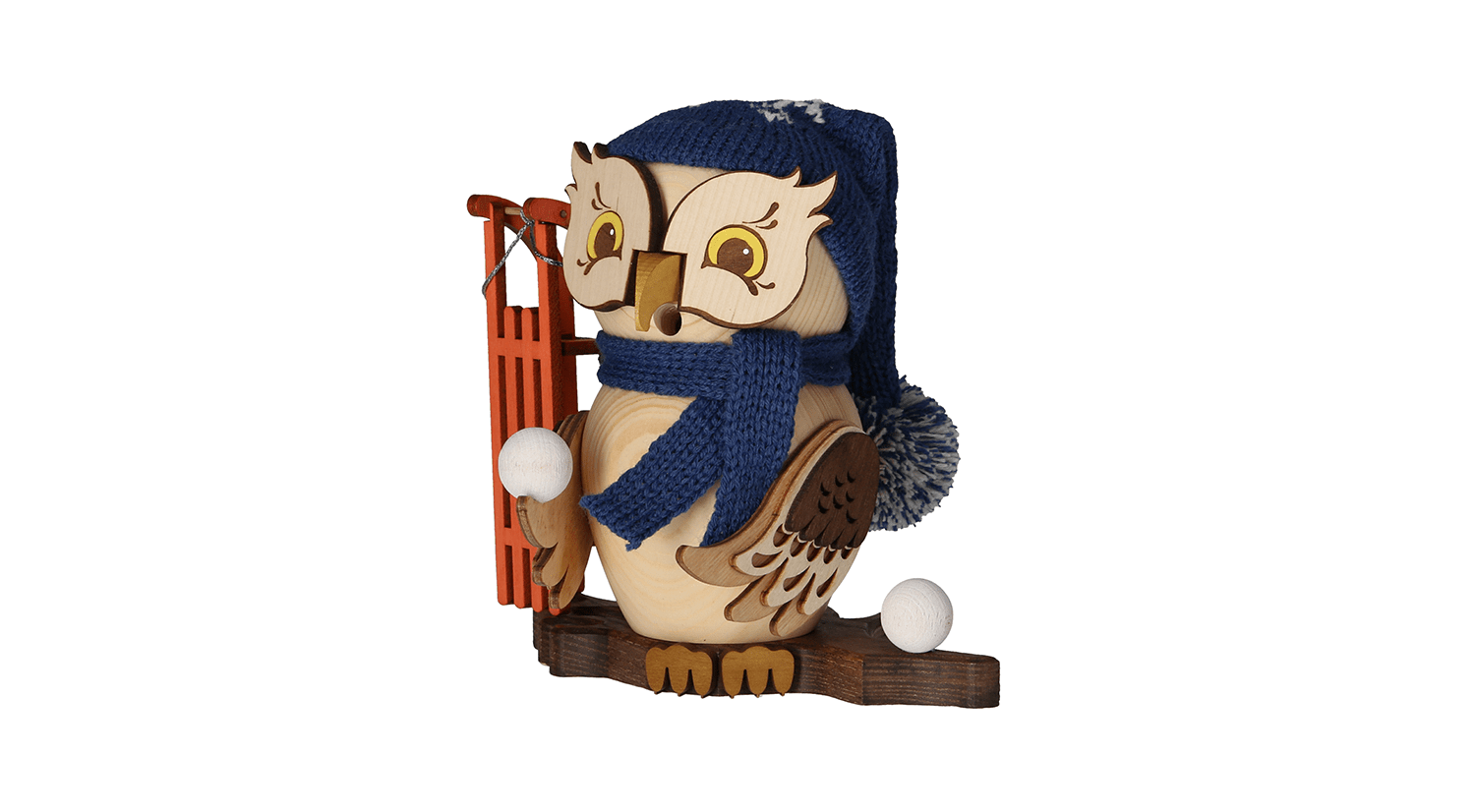 Räucherfigur Eule mit Schlitten - WeihnachtsladenDrechslerei Kuhnert