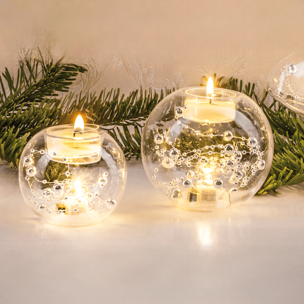 Teelicht Dekoration rund aus Glas mit warmweißen LEDs (2er Set) - WeihnachtsladenSAICO